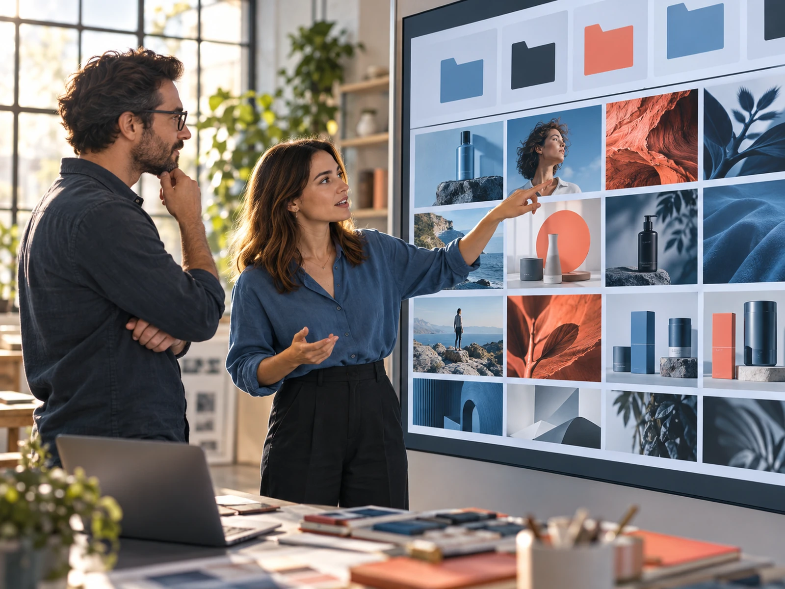 Creative team browsing an organized library of brand imagery.