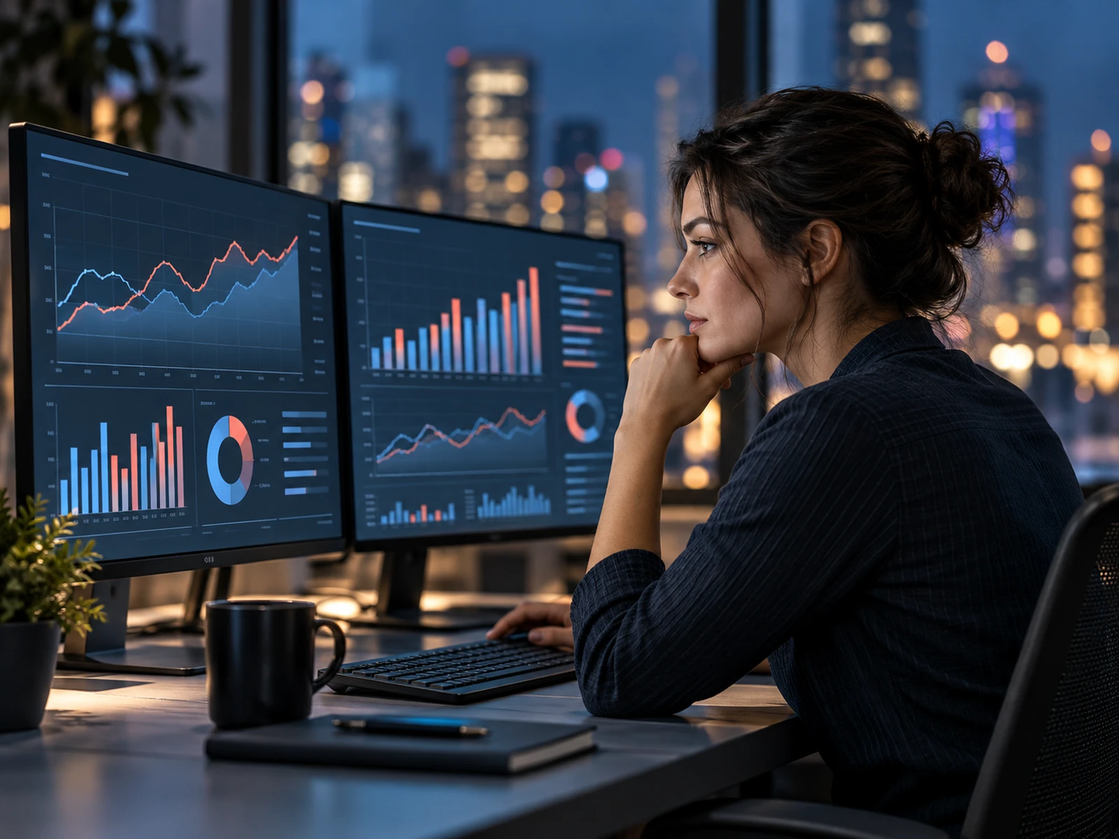 Analyst reviewing charts on two monitors.