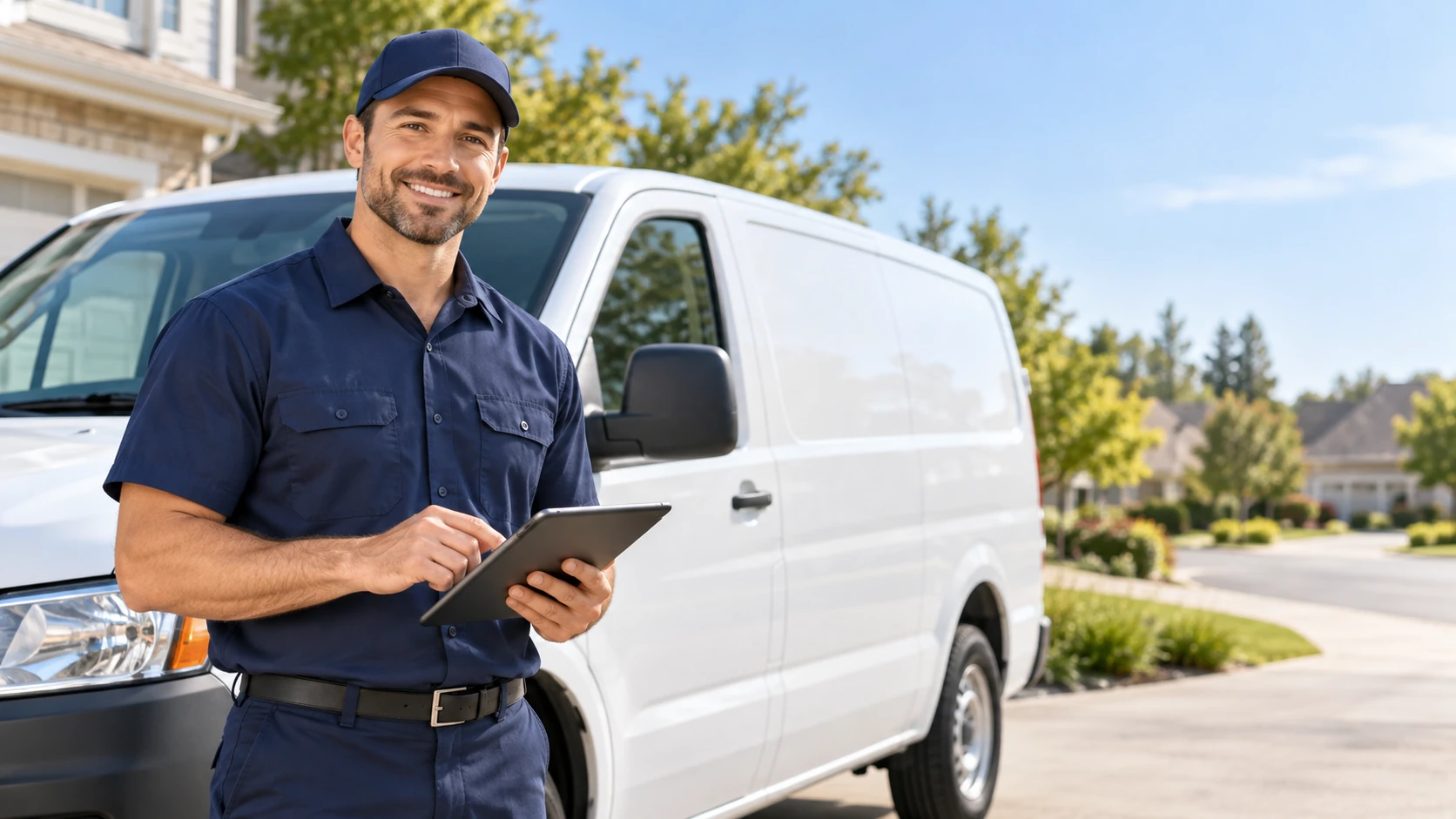 Wrench Group field technician smiling with a tablet beside a white service van, shown in the Wrench Group case study band.