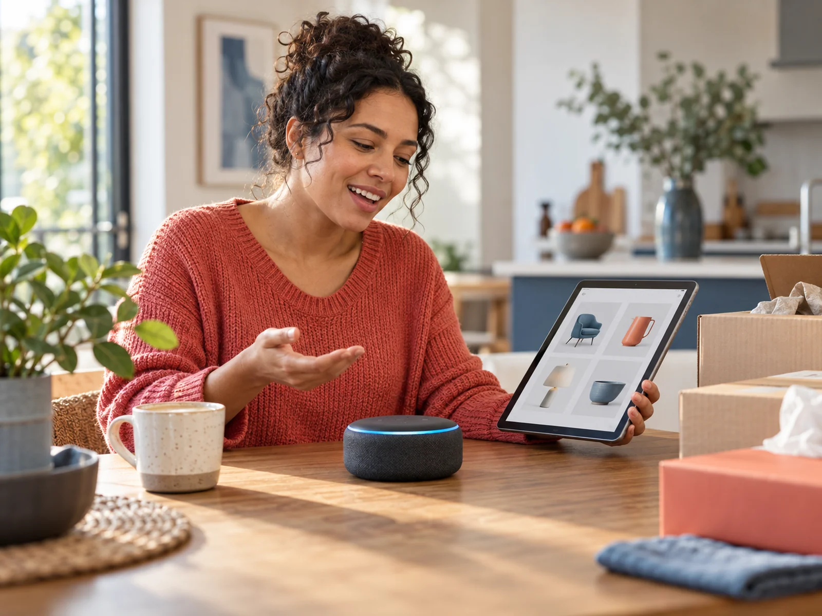 Shopper comparing products on a tablet with a voice assistant.