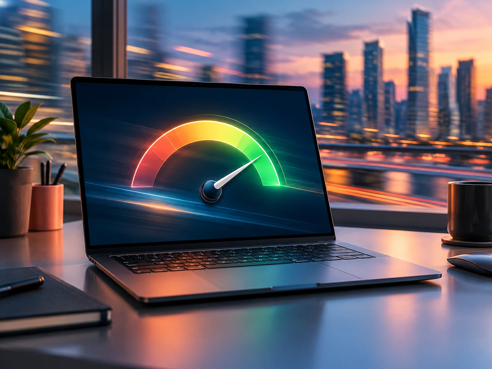 Laptop displaying a performance gauge in the green.