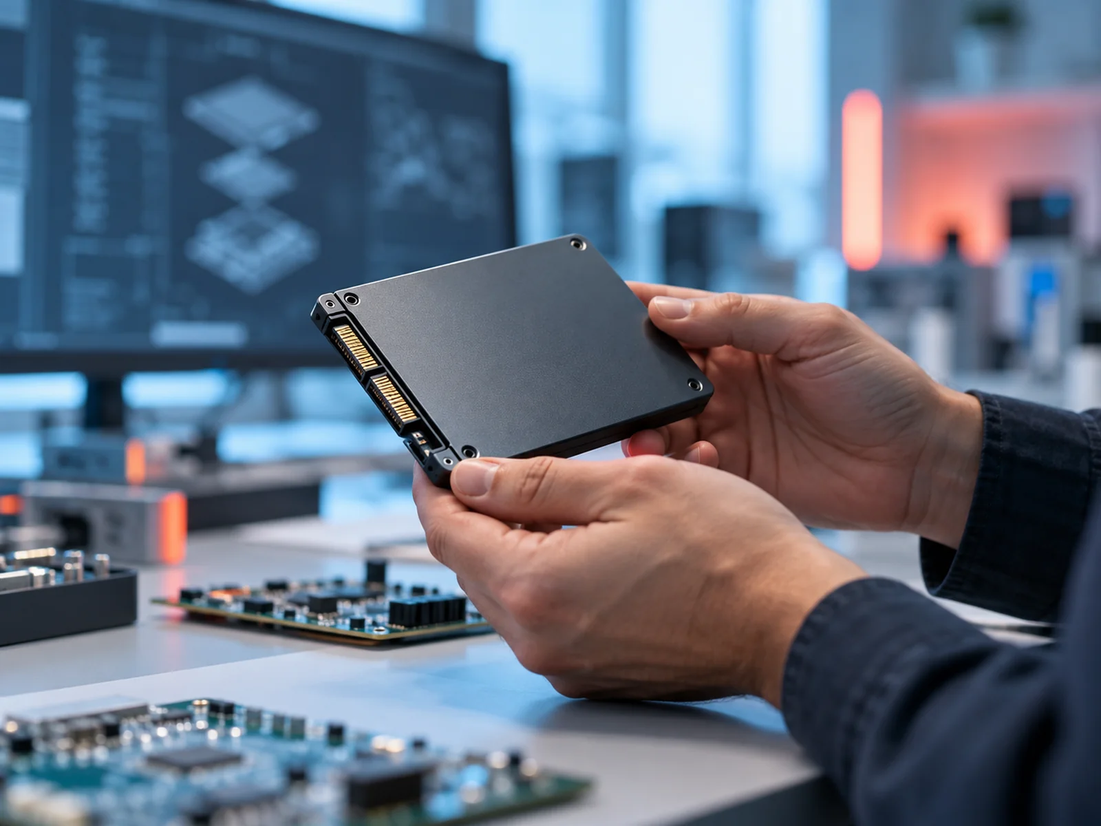 Engineer inspecting a storage drive in a lab.