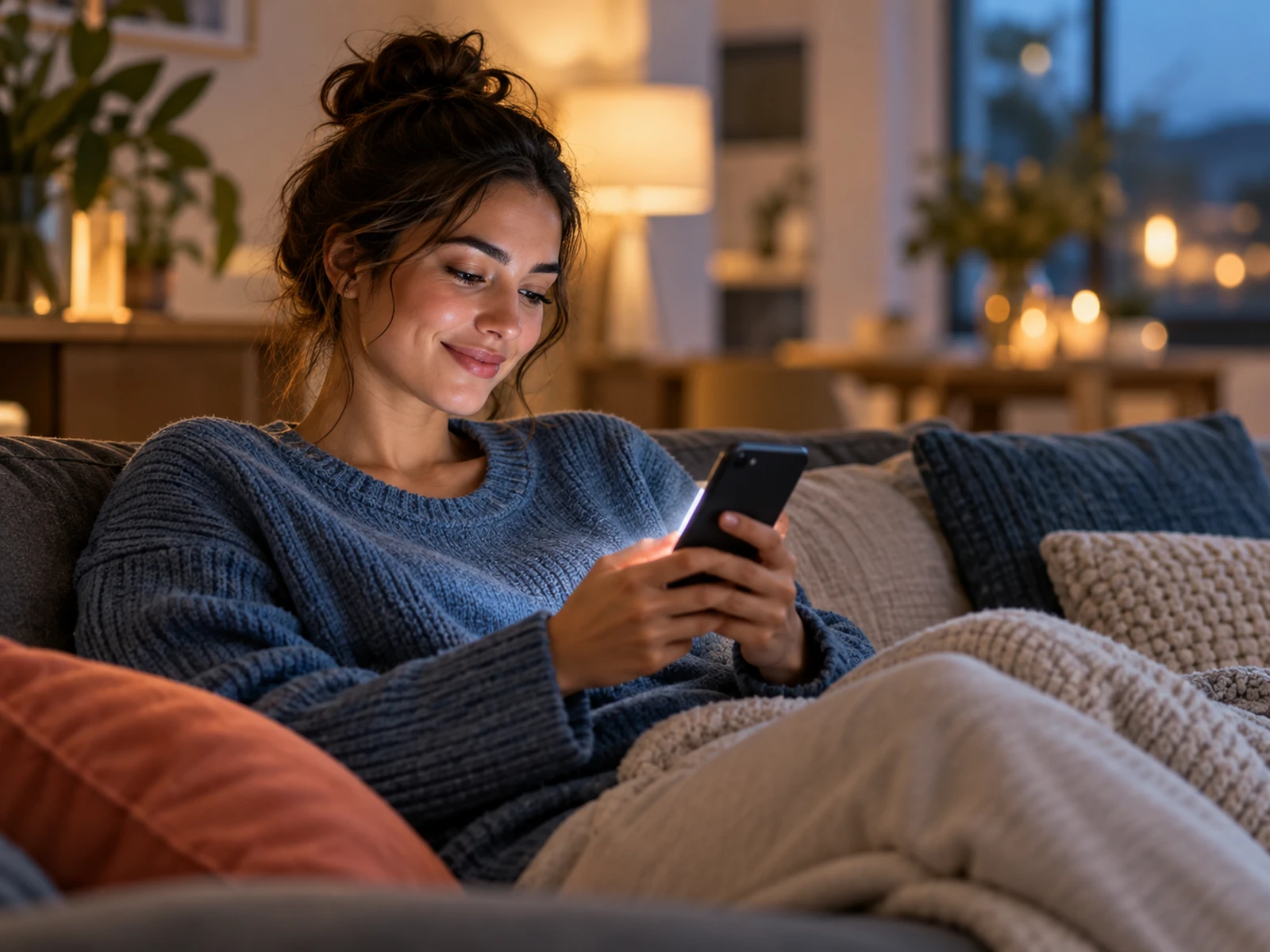 Person smiling at a personalized message on a phone.