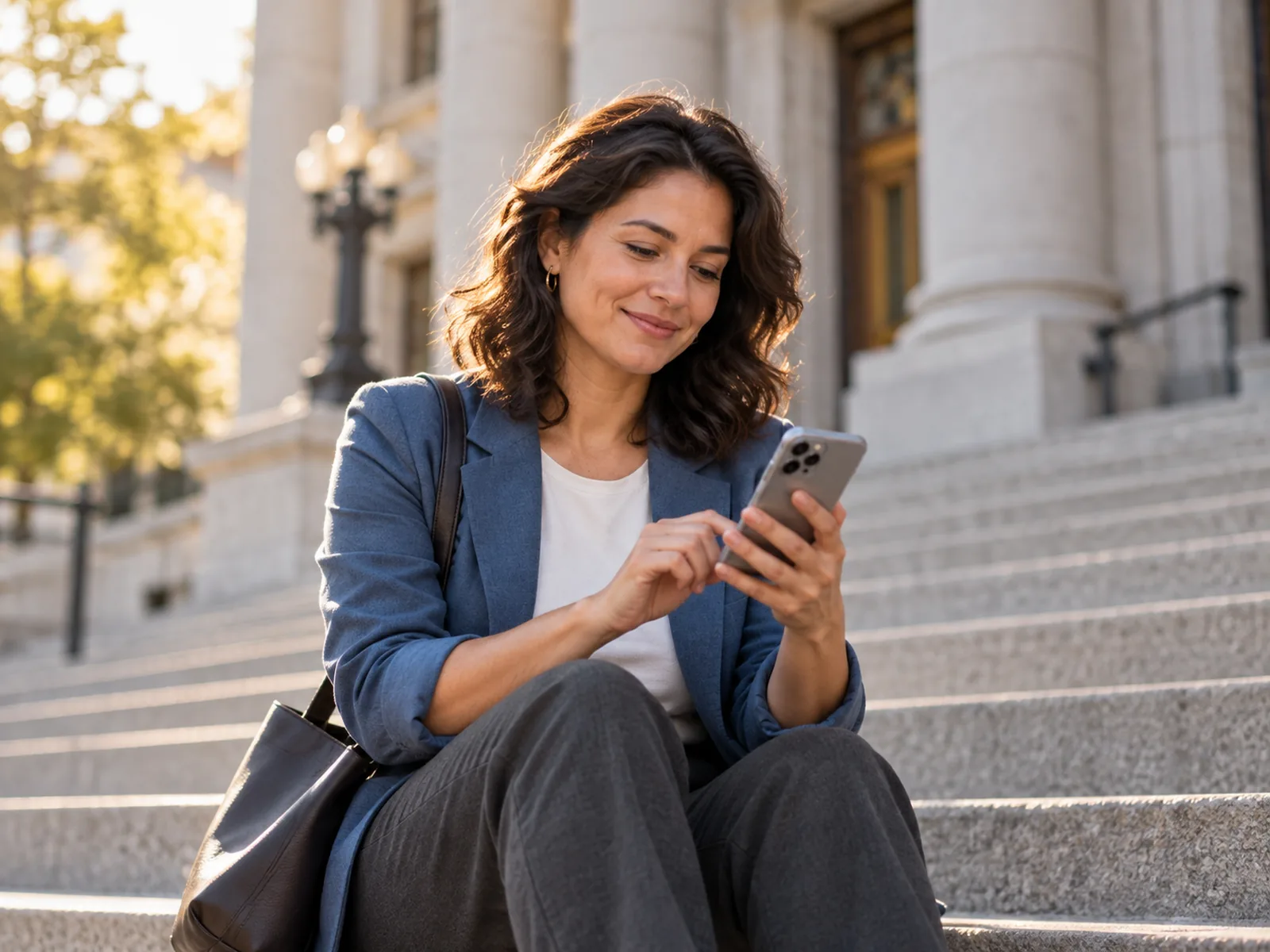 Resident using a smartphone outside a government building.
