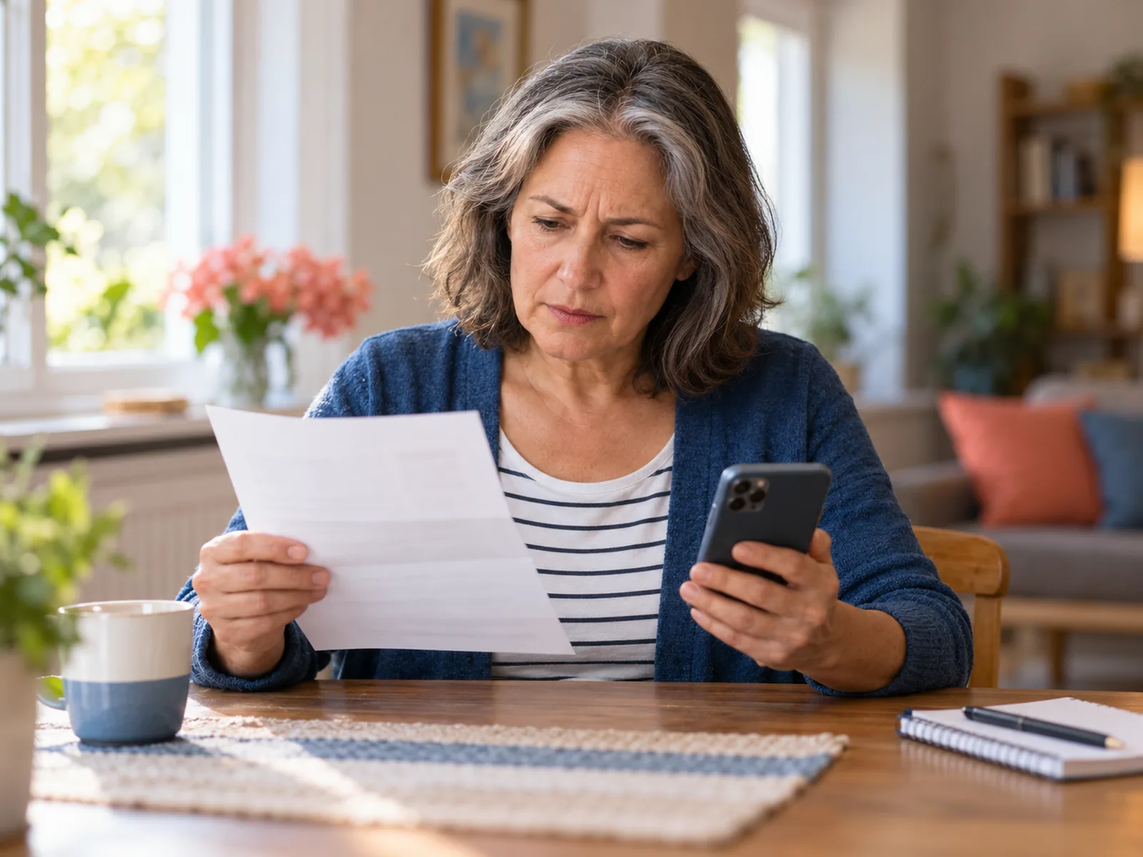 Resident reading a notice and searching on a phone.