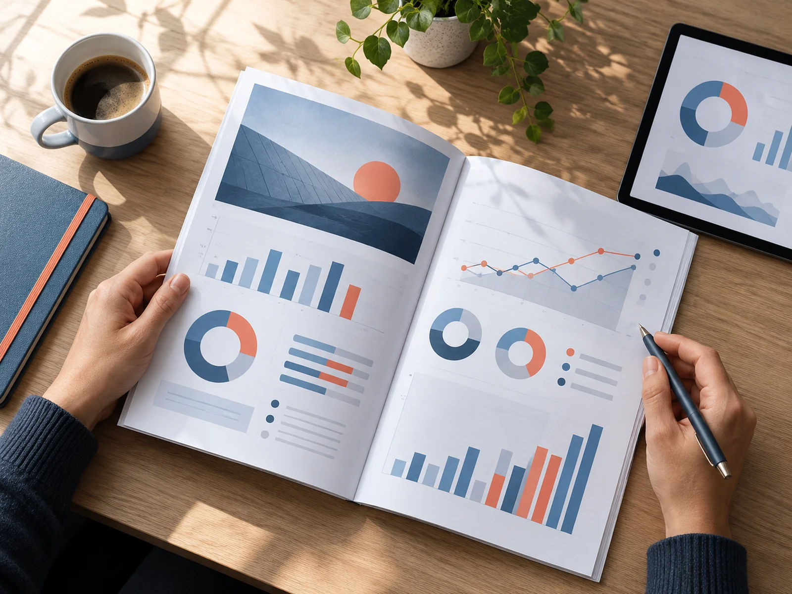 Printed report with charts on a desk.