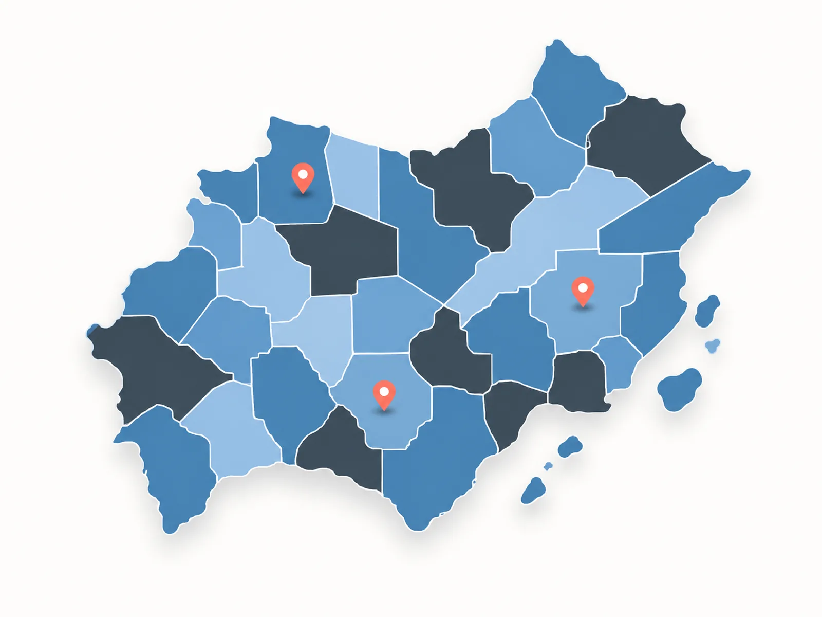 Abstract state map divided into counties with office markers.