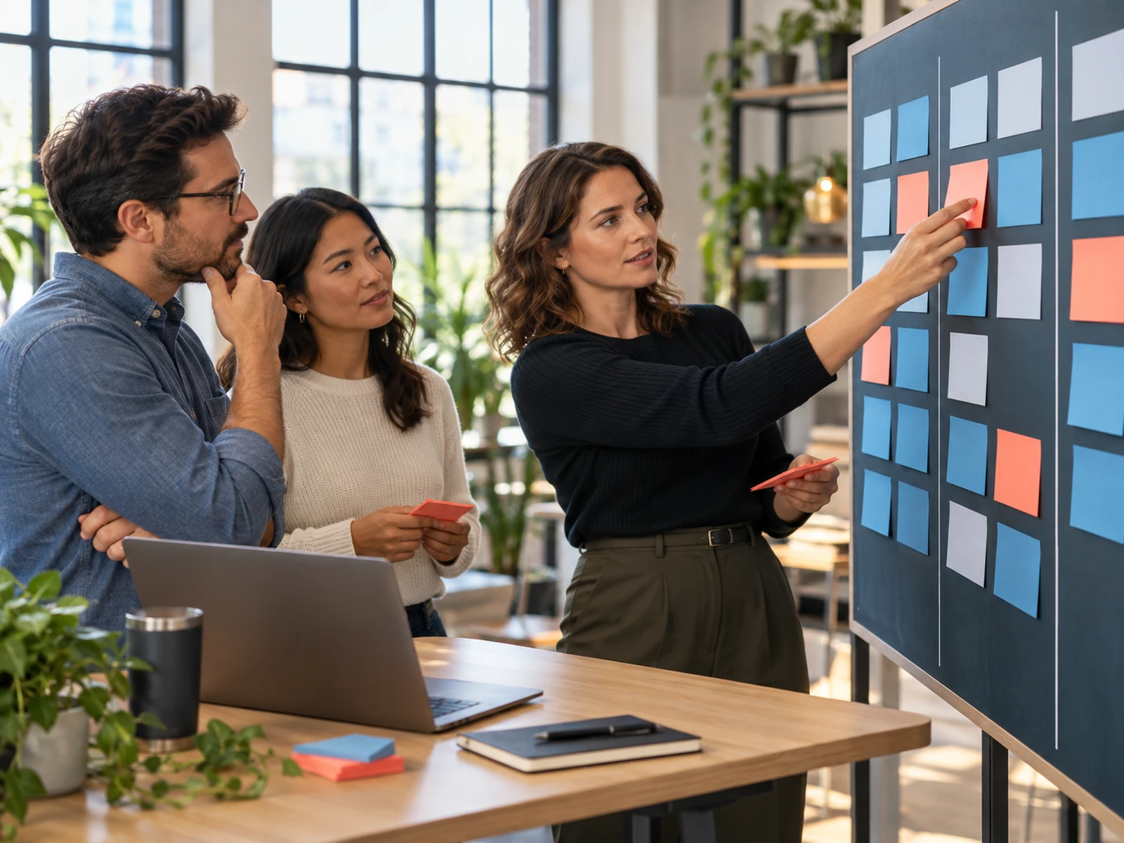 Project manager and teammates reviewing a workflow board.